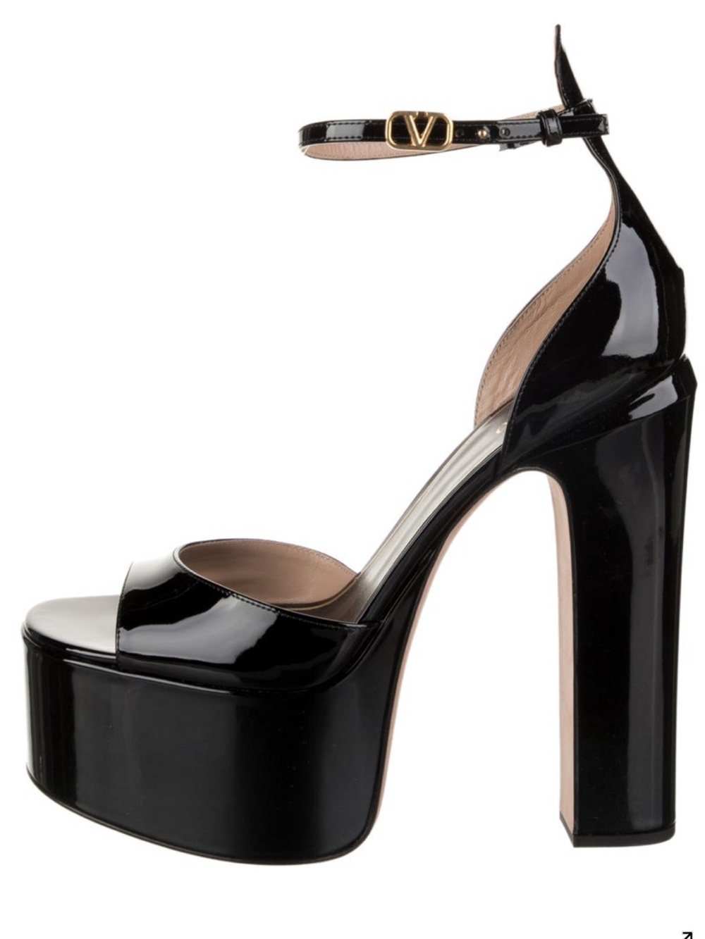 Valentino Black Patent Platform Sandals with Gold V-Ankle Strap
